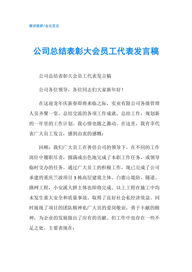 公司总结表彰大会员工代表发言稿.doc_第1页