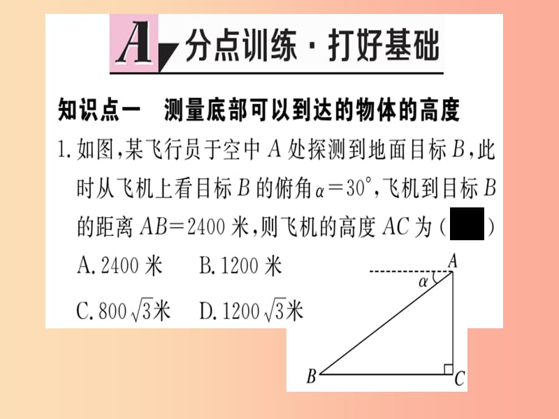 （通用）2019春九年级数学下册 第1章 直角三角形的边角关系 1.6 利用三角函数测高习题讲评课件 北师大版.ppt_第2页