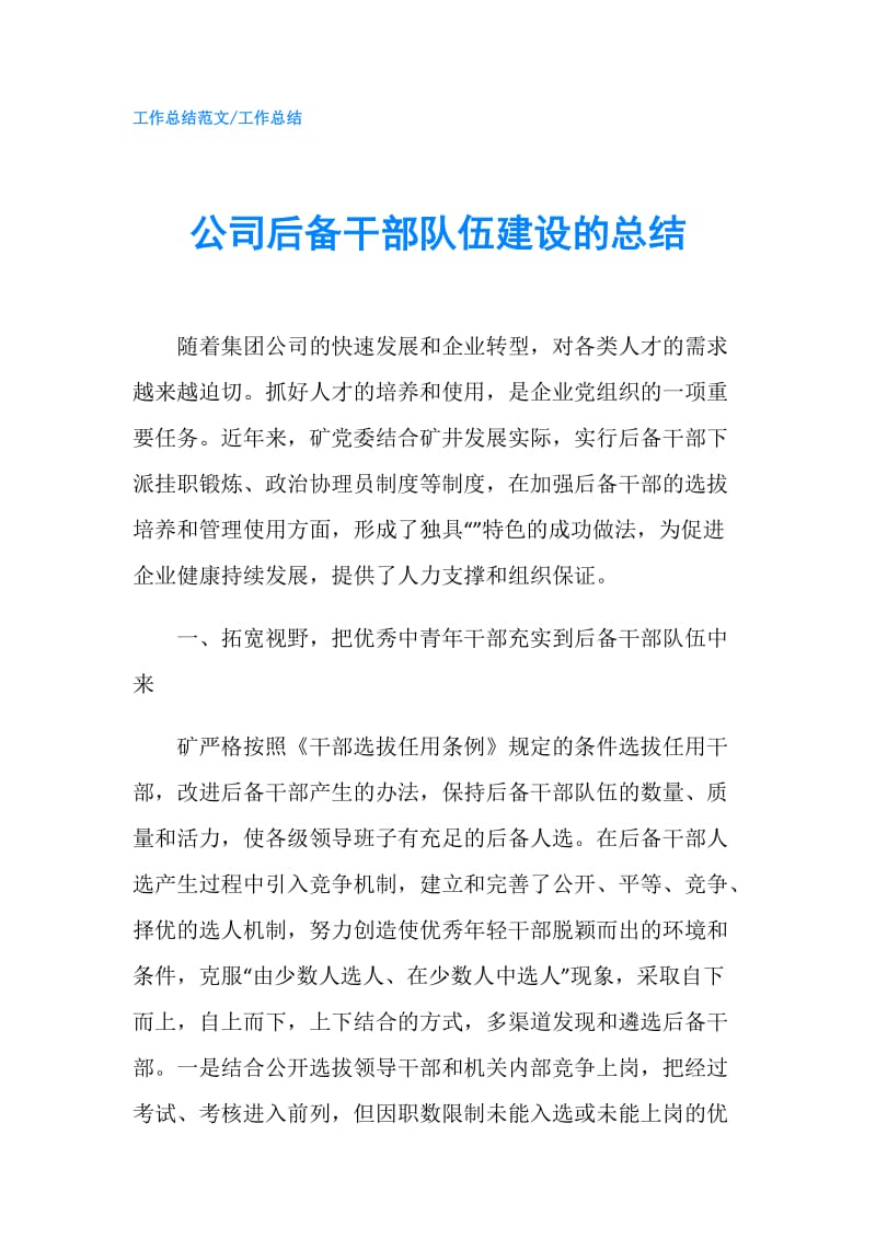 公司后备干部队伍建设的总结.doc_第1页