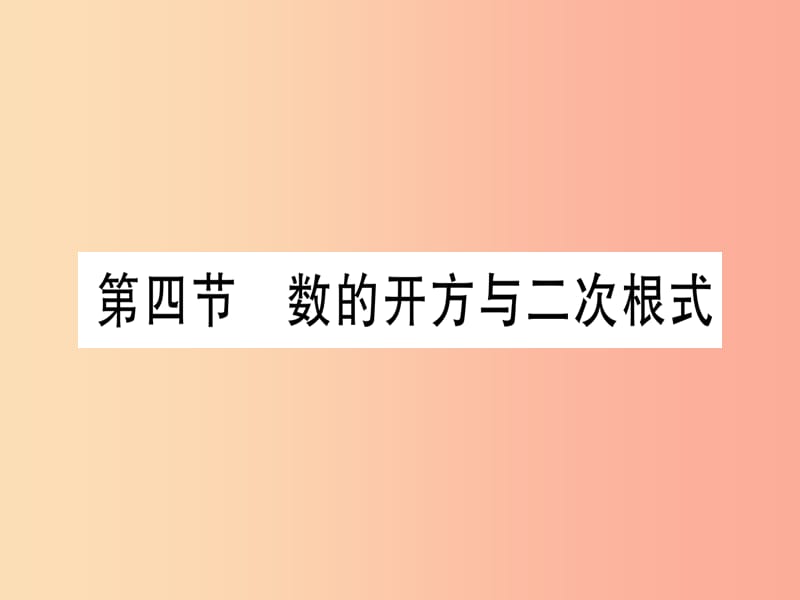 （湖北专用版）2019版中考数学优化复习 第1章 数与式 第4节 数的开方与二次根式实用课件.ppt_第1页