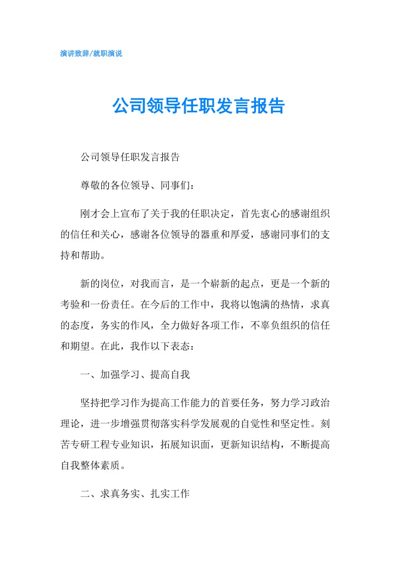 公司领导任职发言报告.doc_第1页