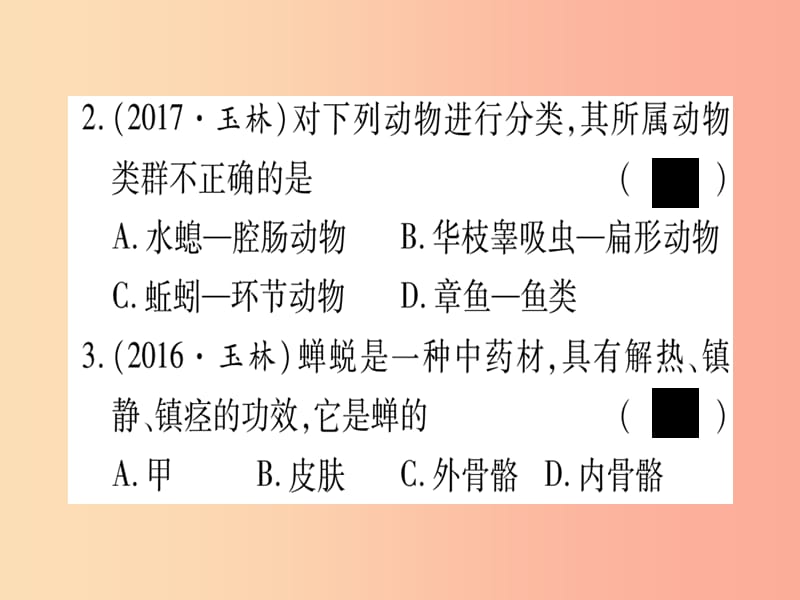 （玉林专版）2019年中考生物总复习 八上 第5单元 第1章 动物的主要类群习题课件.ppt_第3页