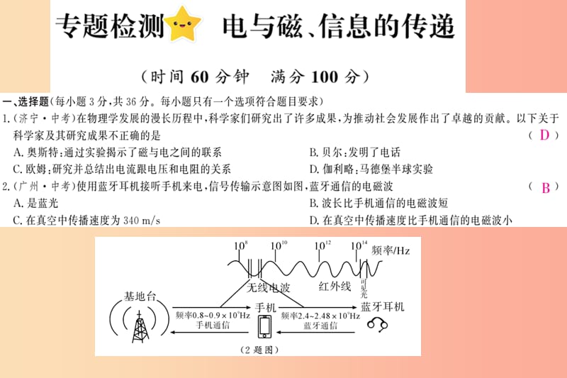 四川省绵阳市2019年中考物理 第二十章 电与磁 信息的传递专题检测复习课件.ppt_第1页