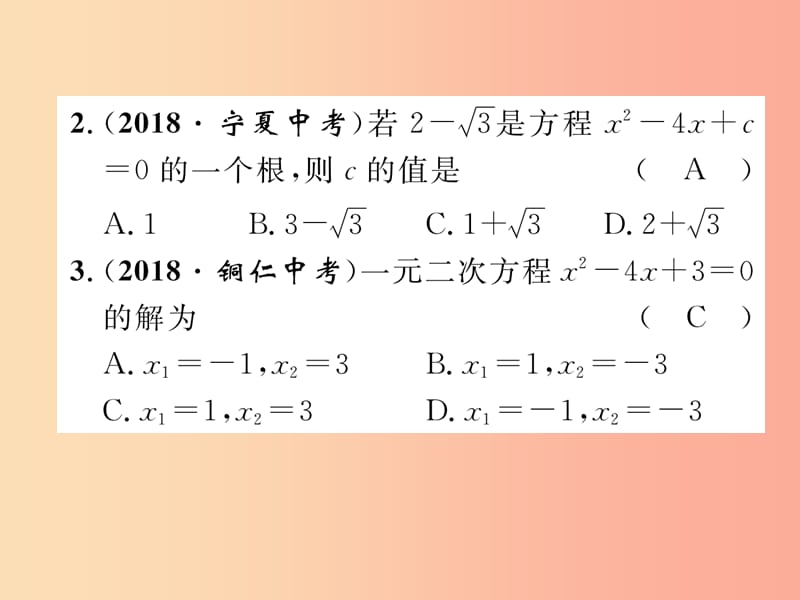 毕节专版2019年中考数学复习第2章方程组与不等式组第7课时一元二次方程精练课件.ppt_第3页