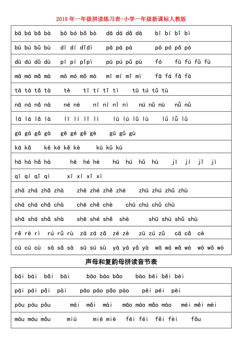 2019年一年级拼读练习表-小学一年级新课标人教版.doc_第1页