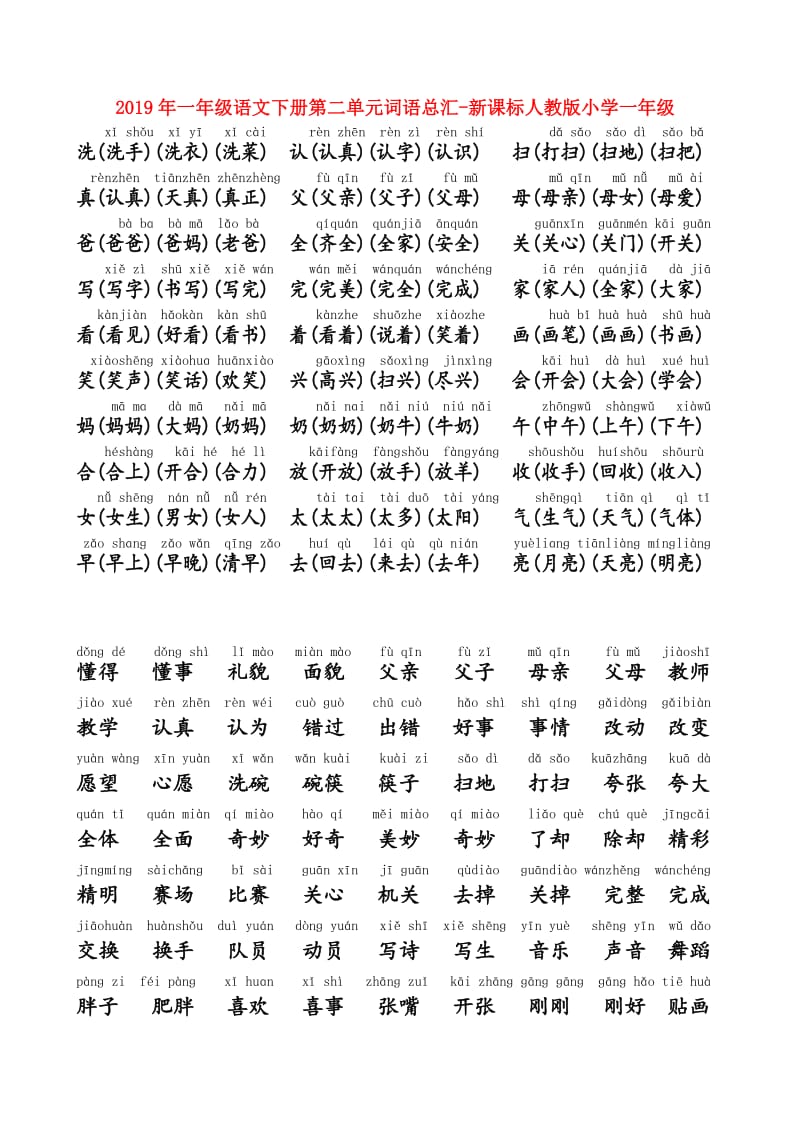 2019年一年级语文下册第二单元词语总汇-新课标人教版小学一年级.doc_第1页