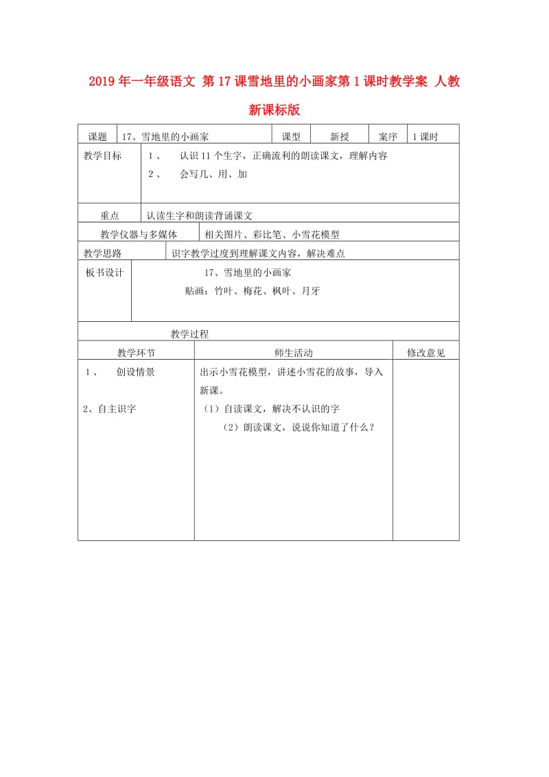 2019年一年级语文 第17课雪地里的小画家第1课时教学案 人教新课标版.doc_第1页