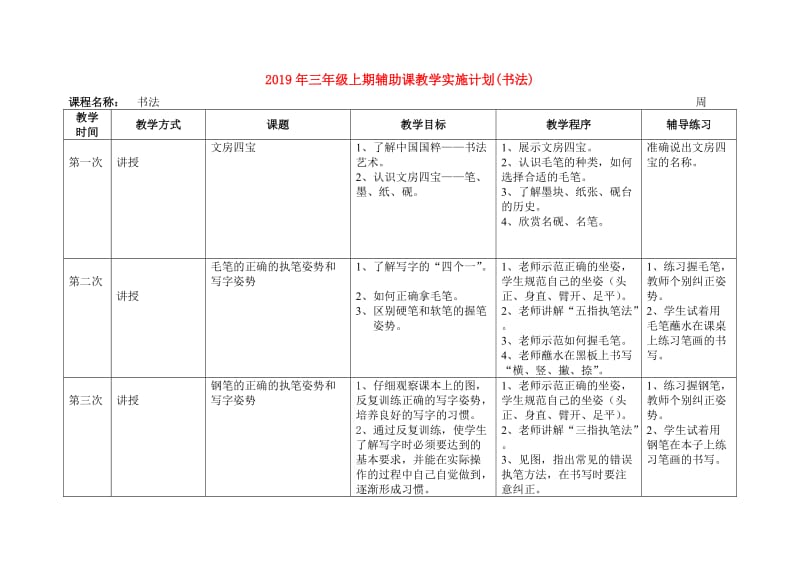 2019年三年级上期辅助课教学实施计划(书法).doc_第1页