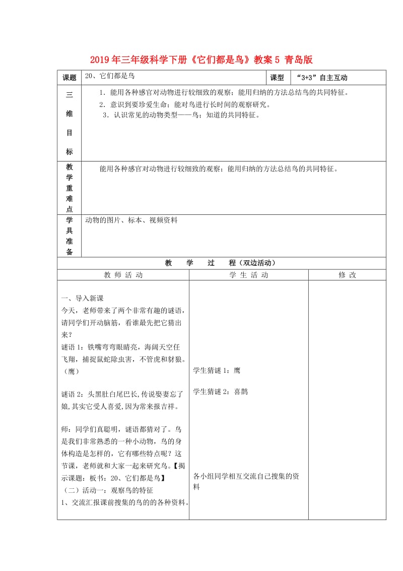 2019年三年级科学下册《它们都是鸟》教案5 青岛版.doc_第1页