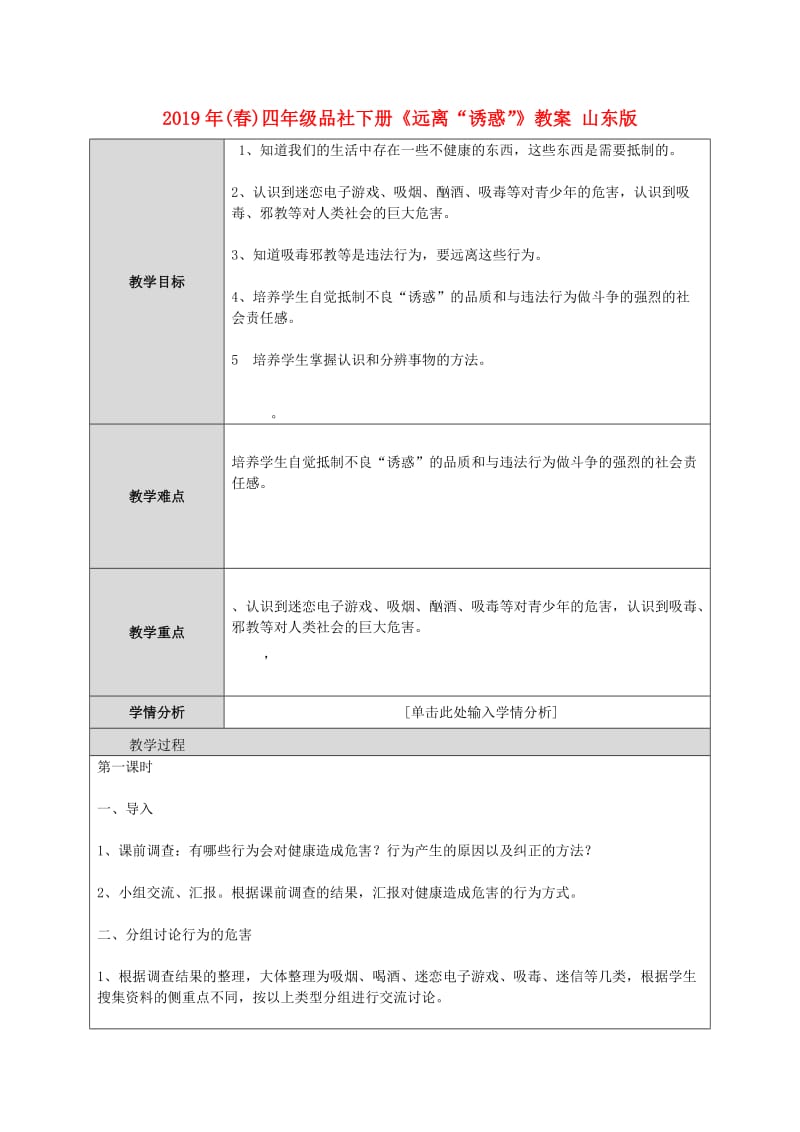 2019年(春)四年级品社下册《远离“诱惑”》教案 山东版.doc_第1页