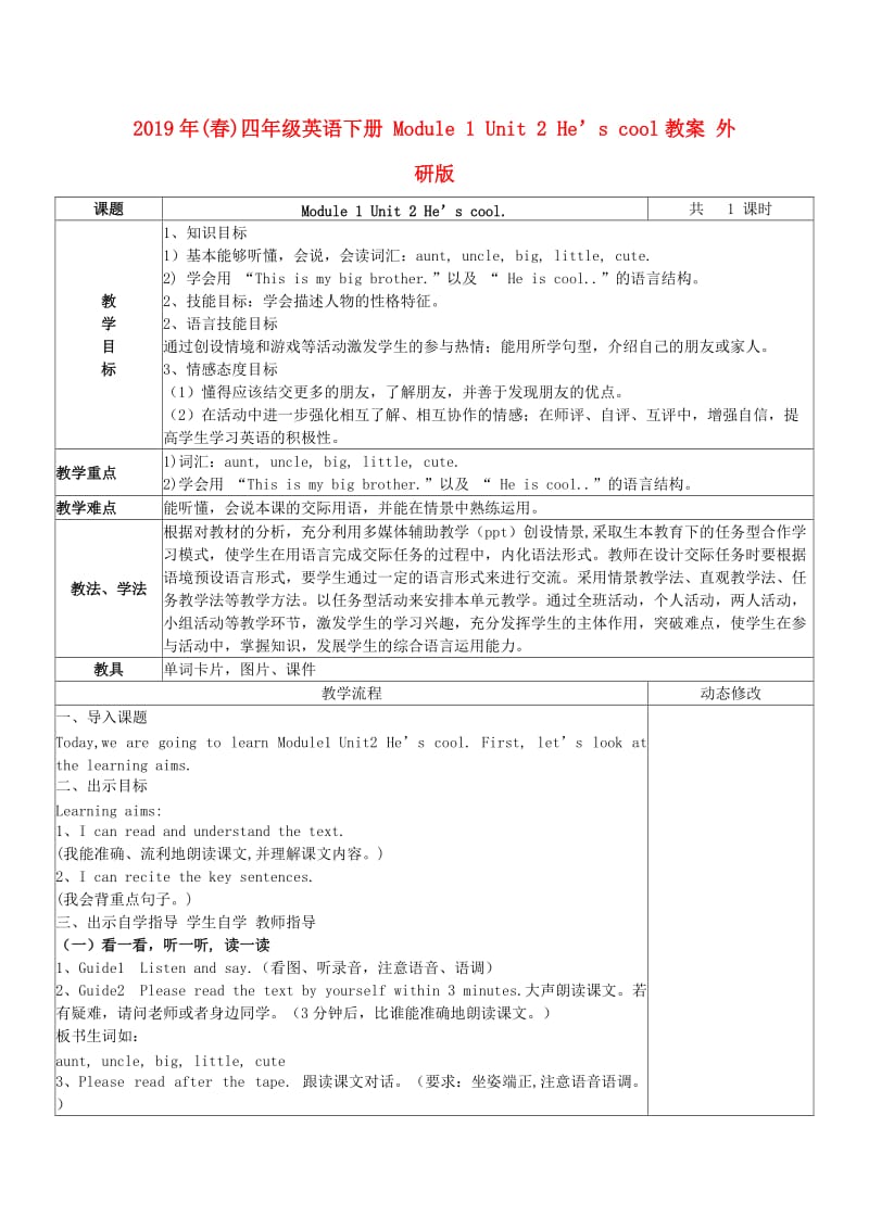 2019年(春)四年级英语下册 Module 1 Unit 2 He’s cool教案 外研版.doc_第1页