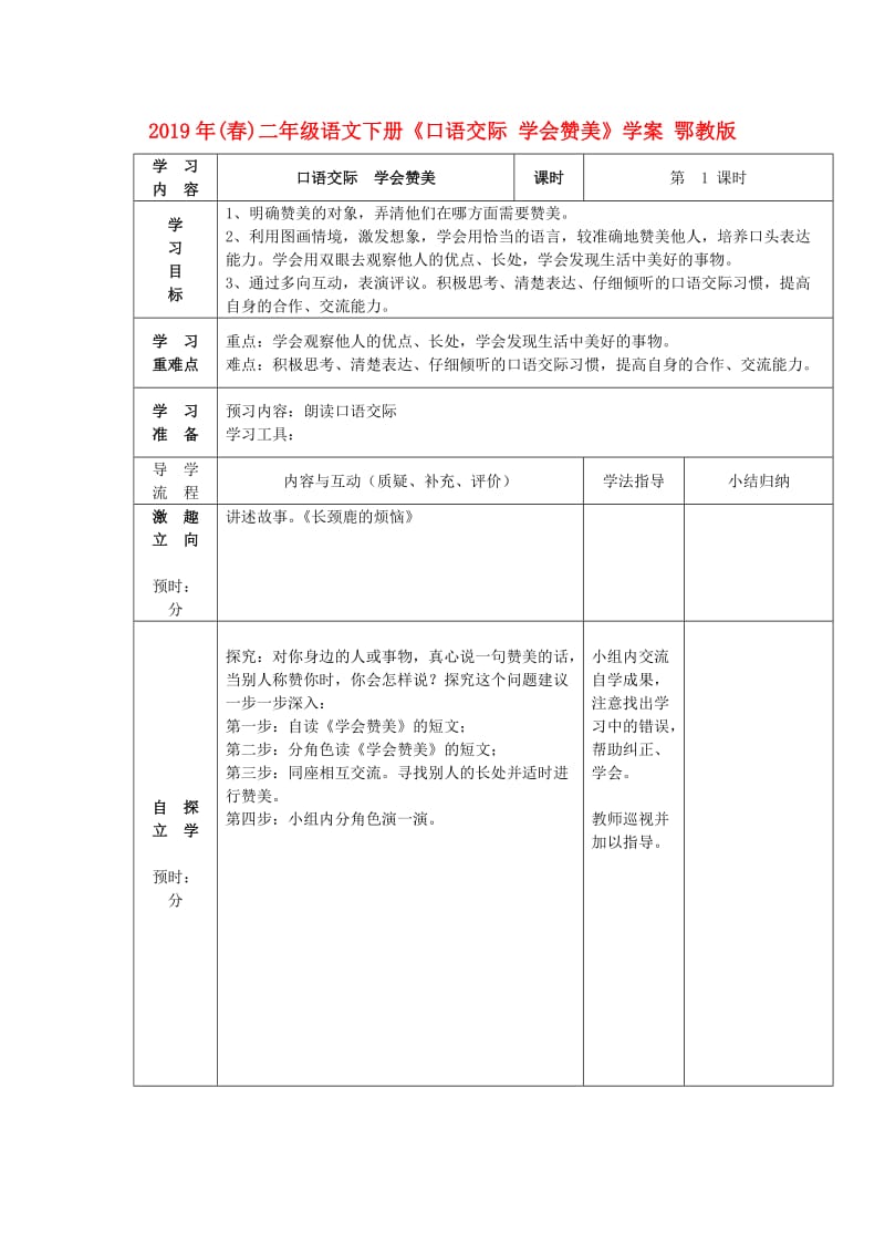 2019年(春)二年级语文下册《口语交际 学会赞美》学案 鄂教版.doc_第1页