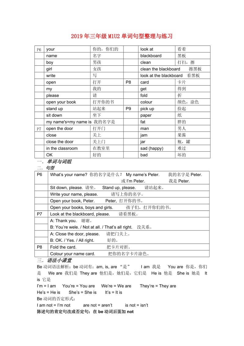 2019年三年级M1U2单词句型整理与练习.doc_第1页