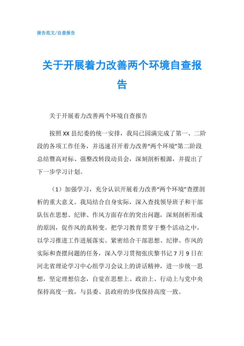 关于开展着力改善两个环境自查报告.doc_第1页