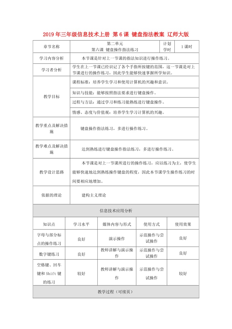 2019年三年级信息技术上册 第6课 键盘指法教案 辽师大版.doc_第1页