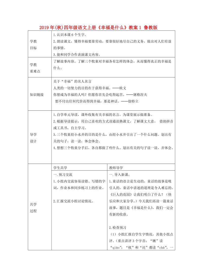 2019年(秋)四年级语文上册《幸福是什么》教案1 鲁教版 .doc_第1页