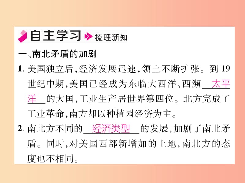 2019九年级历史下册第1单元殖民地人民的反抗与资本主义制度的扩展第3课美国内战自主学习课件新人教版.ppt_第2页