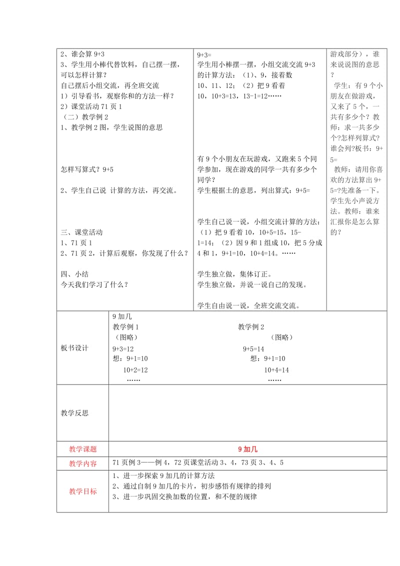 2019年(秋)一年级数学上册 第五单元 20以内的进位加法教案 西师大版.doc_第2页