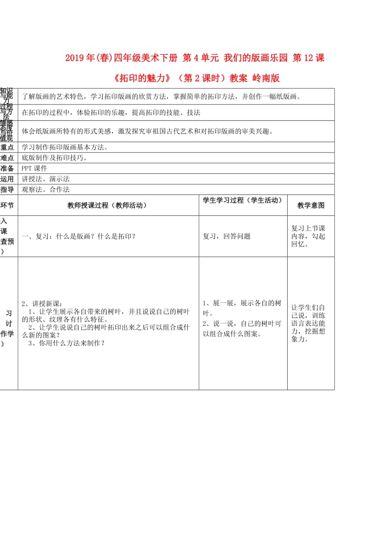 2019年(春)四年级美术下册 第4单元 我们的版画乐园 第12课《拓印的魅力》（第2课时）教案 岭南版.doc_第1页