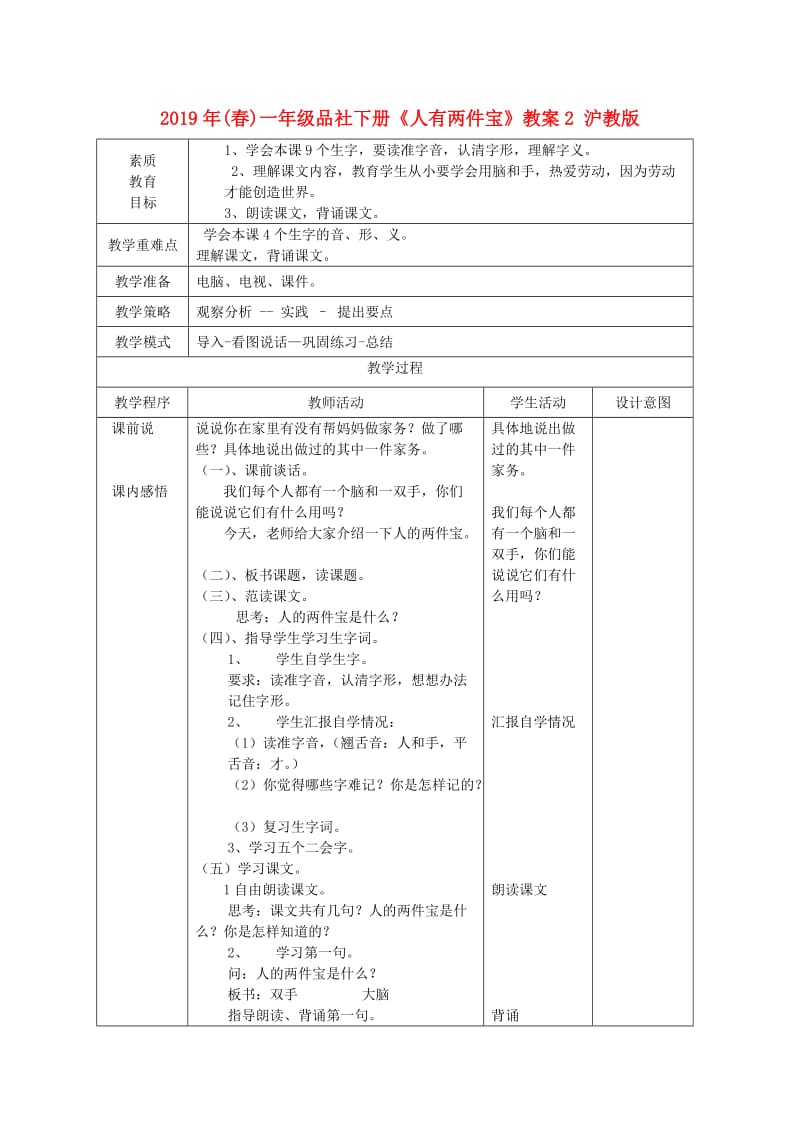 2019年(春)一年级品社下册《人有两件宝》教案2 沪教版 .doc_第1页