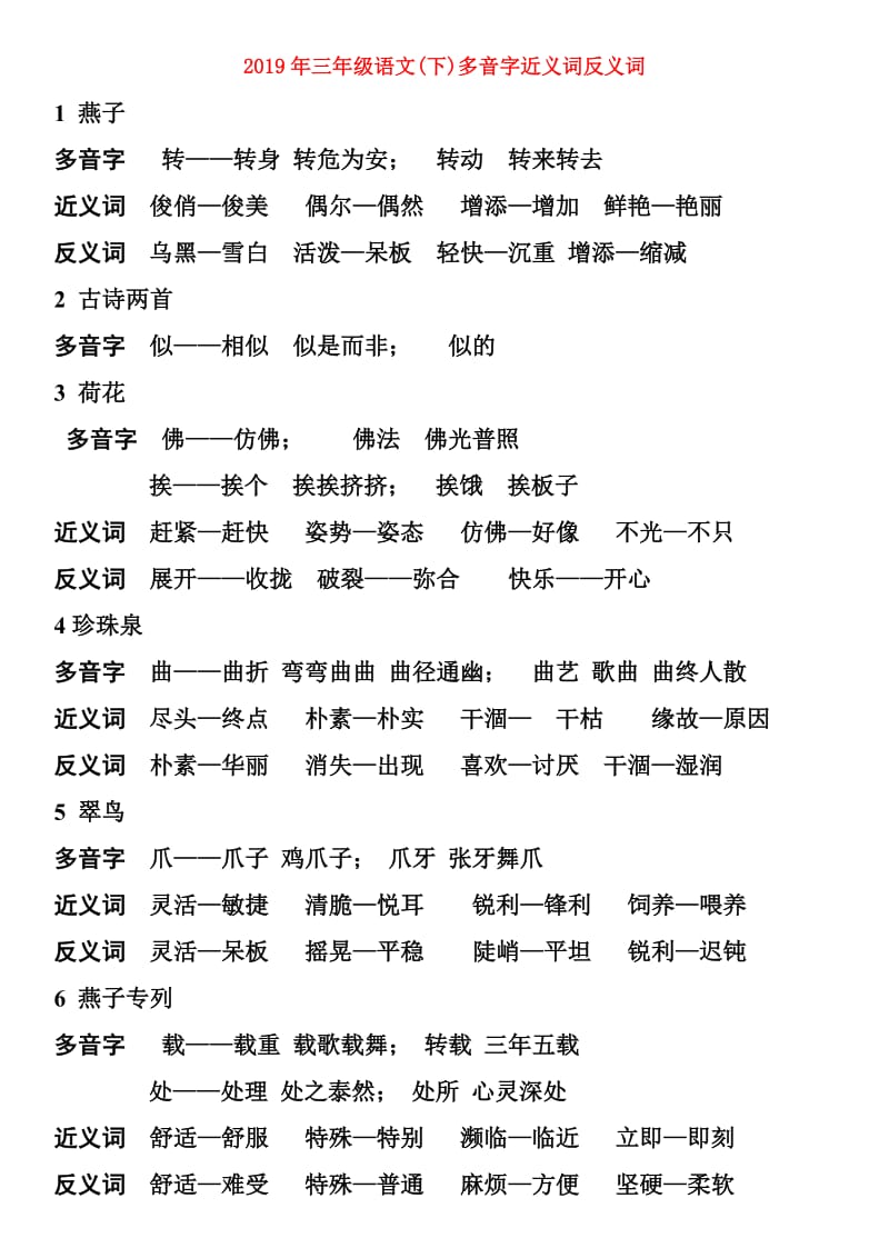 2019年三年级语文(下)多音字近义词反义词.doc_第1页