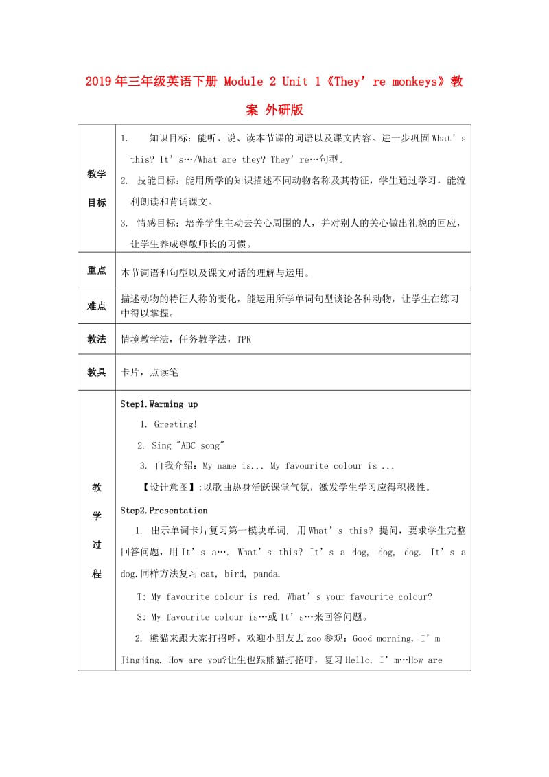 2019年三年级英语下册 Module 2 Unit 1《They’re monkeys》教案 外研版.doc_第1页