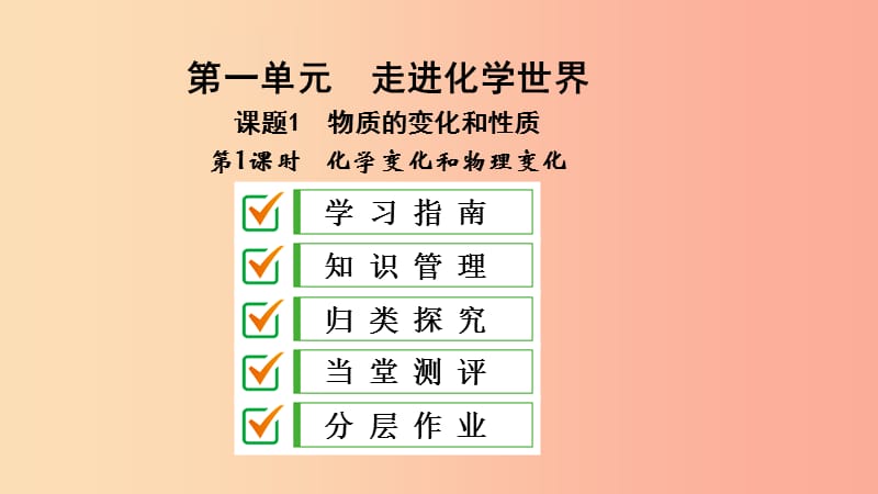 九年级化学上册 第一单元 走进化学世界 课题1 物质的变化和性质 第1课时 化学变化和物理变化导学 .ppt_第1页