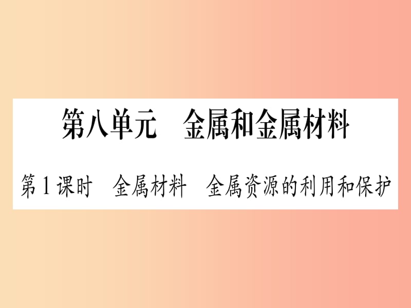 （甘肃专用）2019中考化学 第8单元 金属与金属材料 第1课时 金属材料 金属资源的利用与保护（提分精练）课件.ppt_第1页