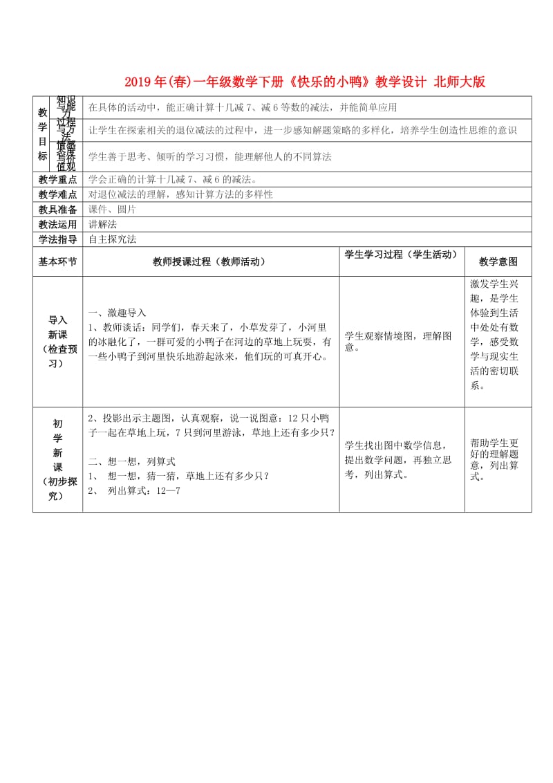 2019年(春)一年级数学下册《快乐的小鸭》教学设计 北师大版.doc_第1页