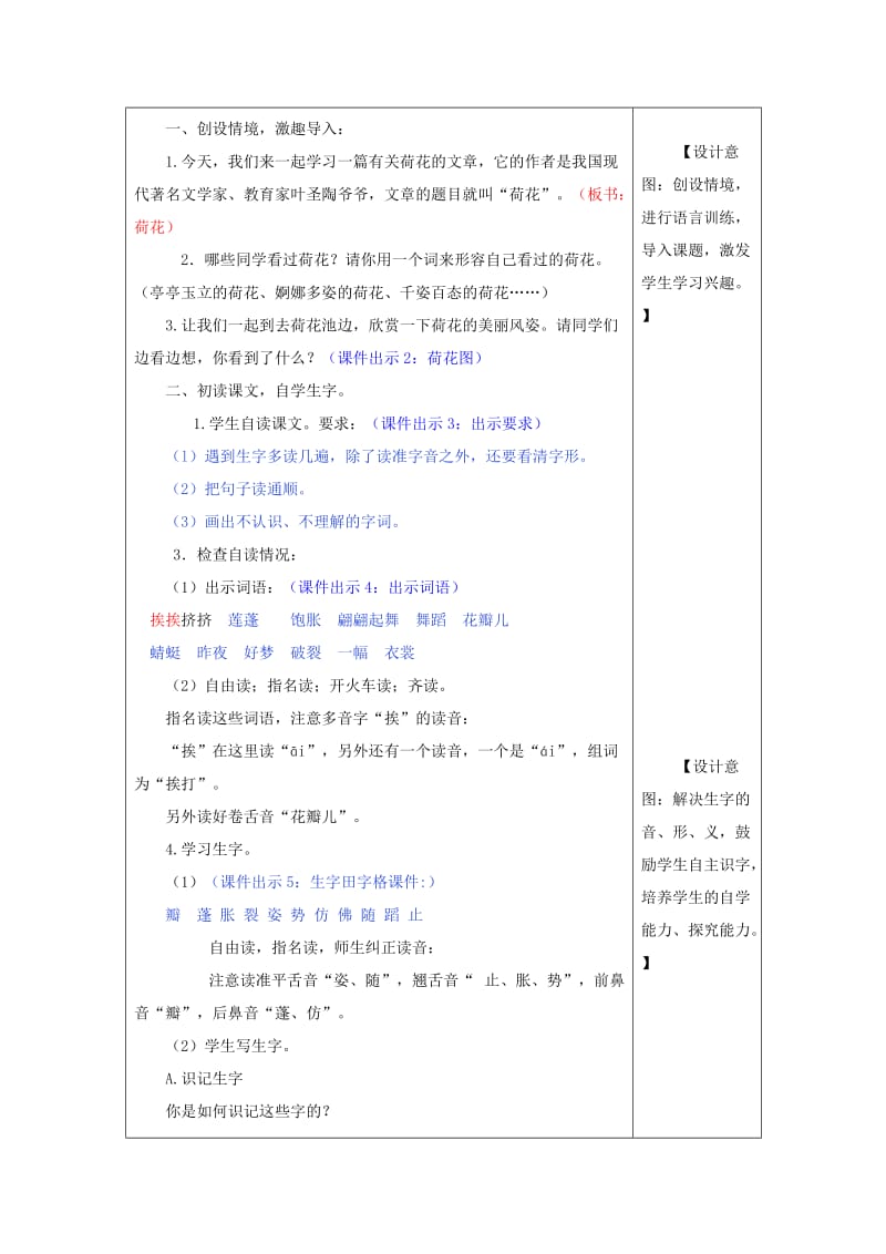 2019三年级语文下册 第一单元 第3课《荷花》教学设计及课后作业 新人教版x.doc_第2页