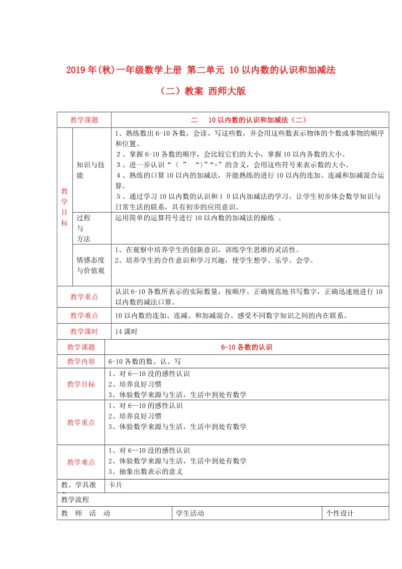 2019年(秋)一年级数学上册 第二单元 10以内数的认识和加减法（二）教案 西师大版.doc_第1页