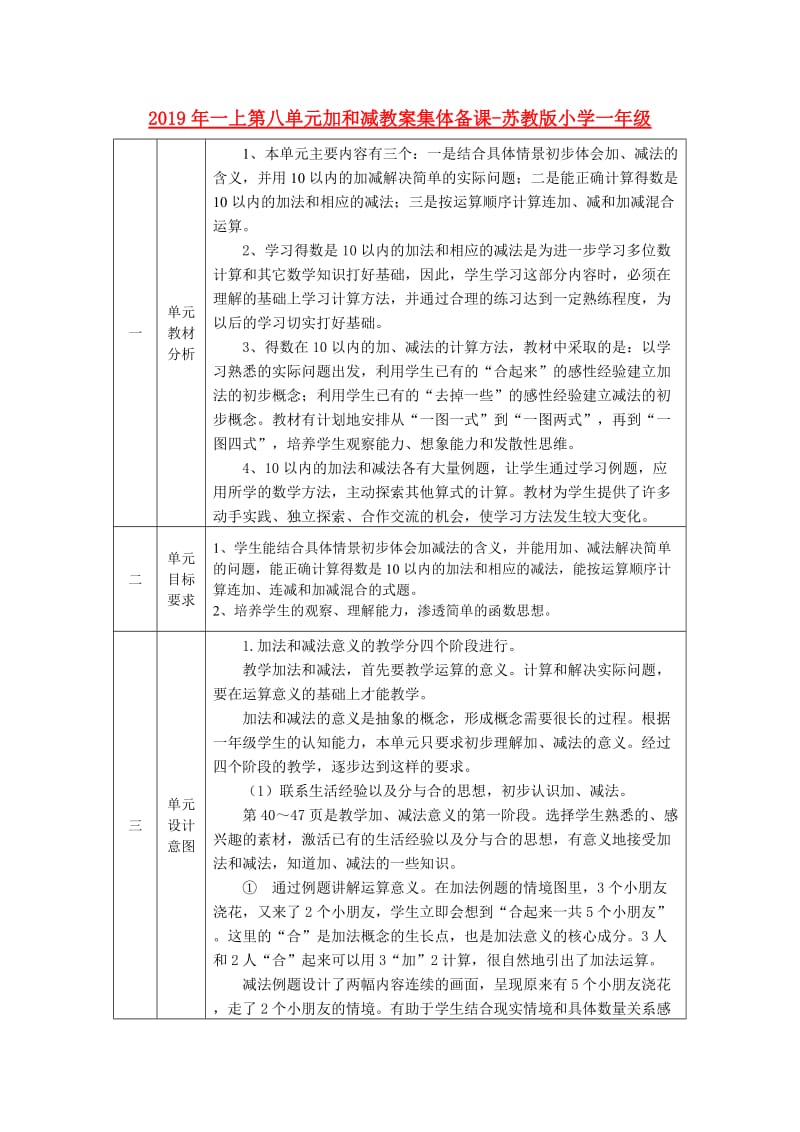 2019年一上第八单元加和减教案集体备课-苏教版小学一年级.doc_第1页