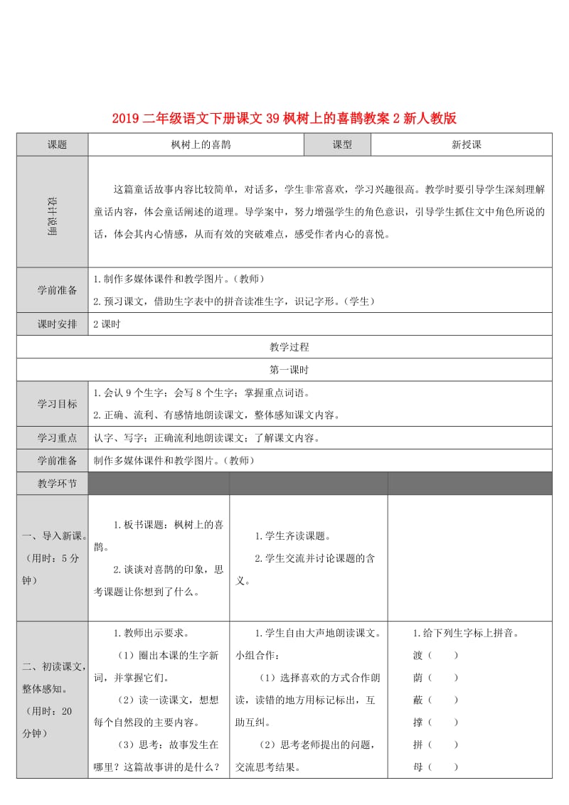 2019二年级语文下册课文39枫树上的喜鹊教案2新人教版.doc_第1页