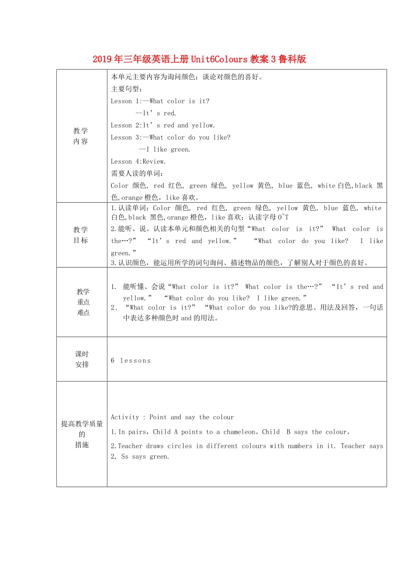 2019年三年级英语上册Unit6Colours教案3鲁科版 .doc_第1页