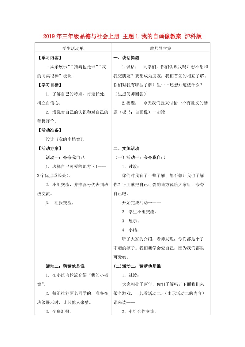 2019年三年级品德与社会上册 主题1 我的自画像教案 沪科版.doc_第1页