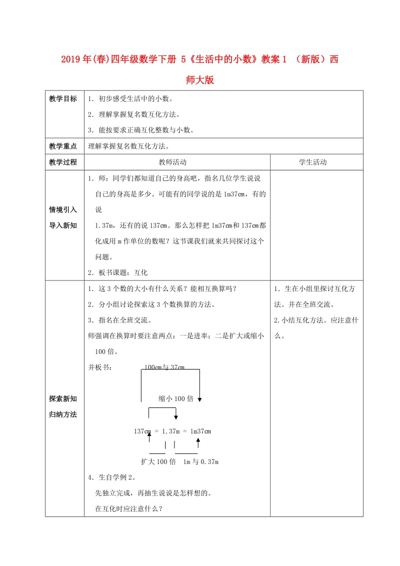 2019年(春)四年级数学下册 5《生活中的小数》教案1 （新版）西师大版.doc_第1页