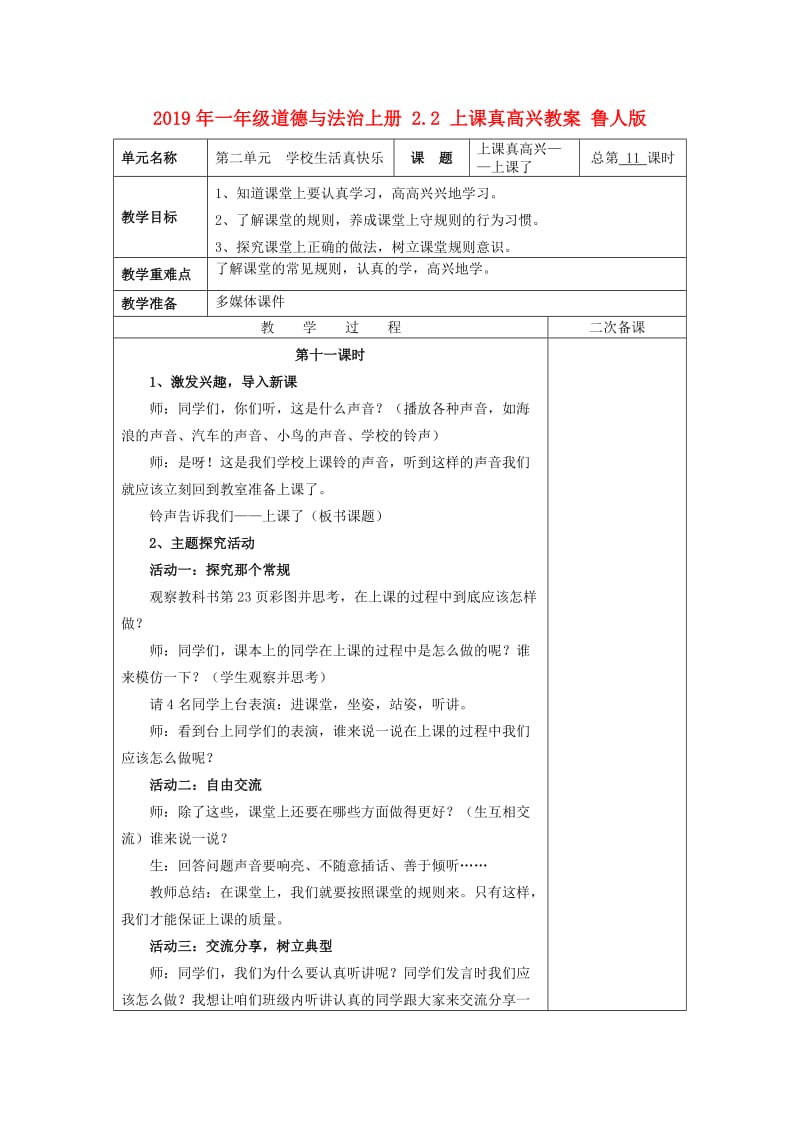 2019年一年级道德与法治上册 2.2 上课真高兴教案 鲁人版.doc_第1页