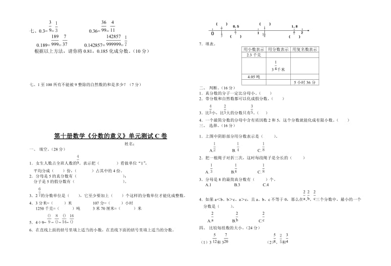 2019-2020年小学数学第十册分数的意义单元测试-五年级数学试题.doc_第3页