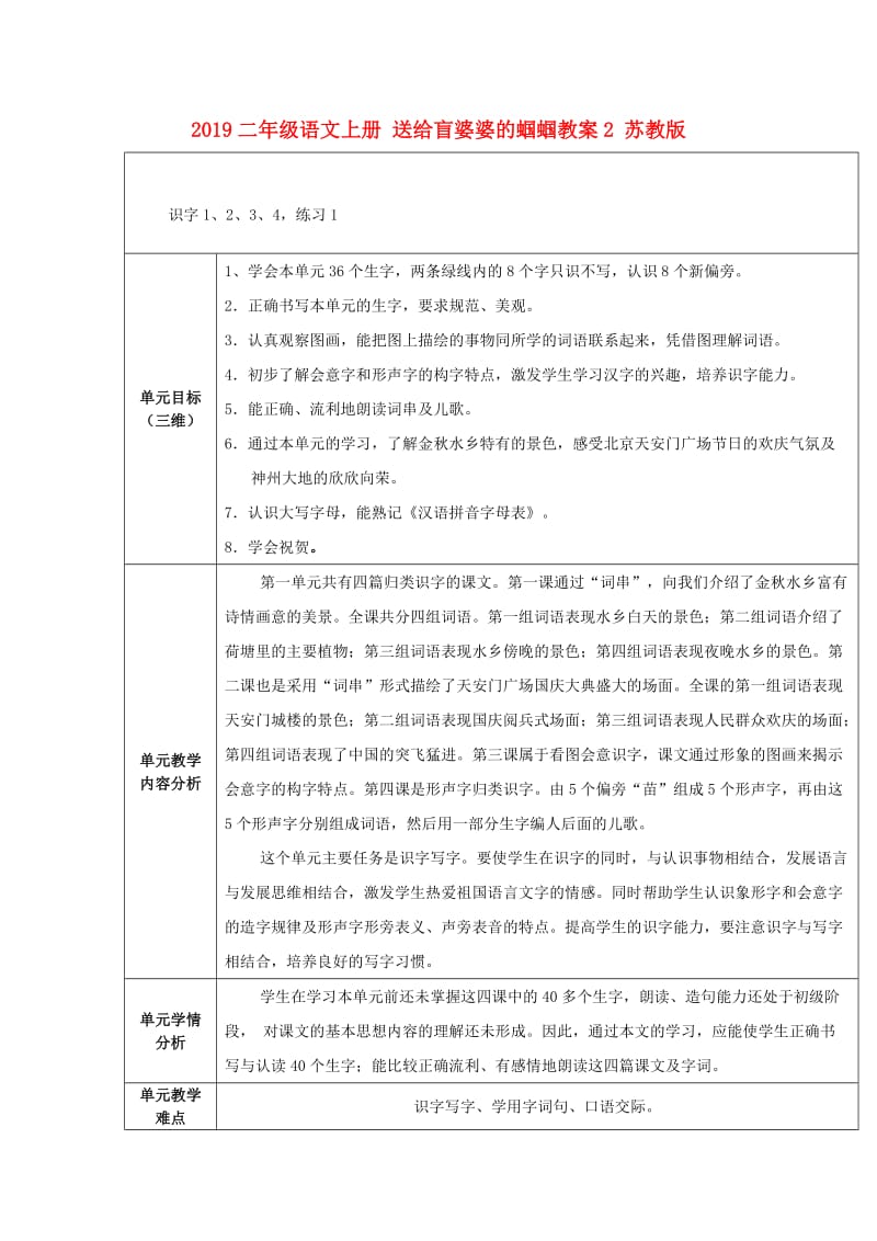 2019二年级语文上册 送给盲婆婆的蝈蝈教案2 苏教版.doc_第1页