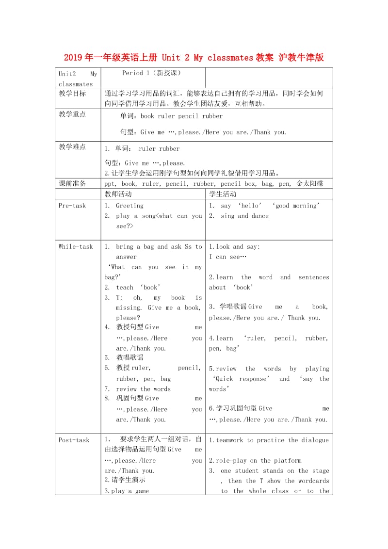 2019年一年级英语上册 Unit 2 My classmates教案 沪教牛津版.doc_第1页