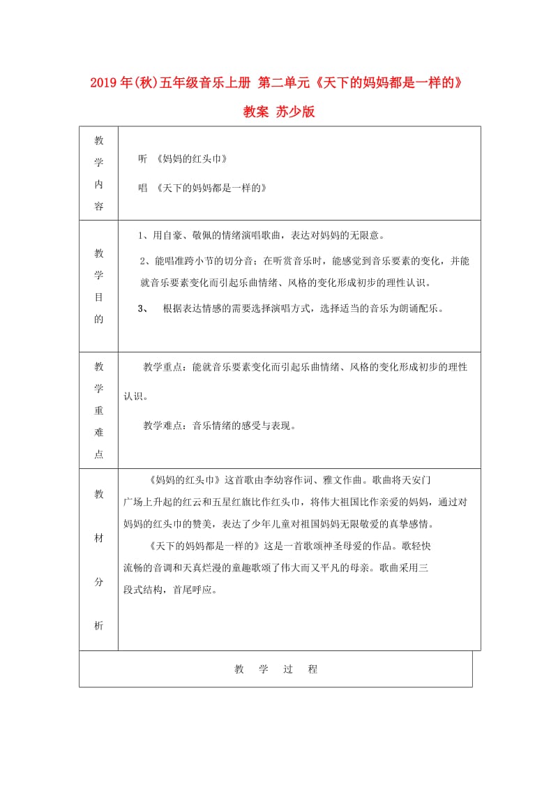 2019年(秋)五年级音乐上册 第二单元《天下的妈妈都是一样的》教案 苏少版.doc_第1页