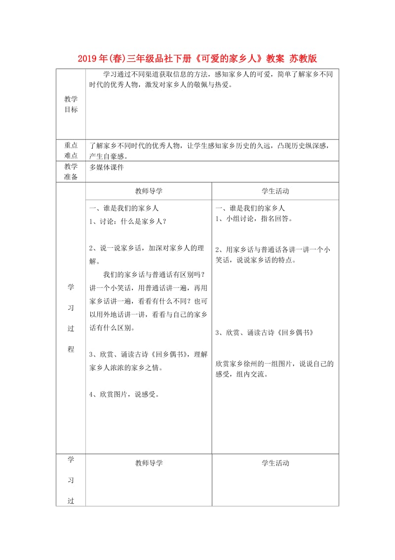 2019年(春)三年级品社下册《可爱的家乡人》教案 苏教版.doc_第1页