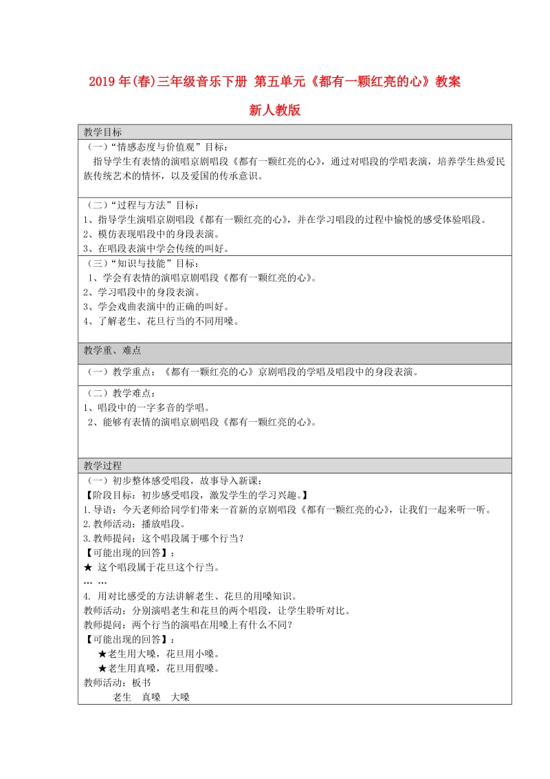 2019年(春)三年级音乐下册 第五单元《都有一颗红亮的心》教案 新人教版.doc_第1页