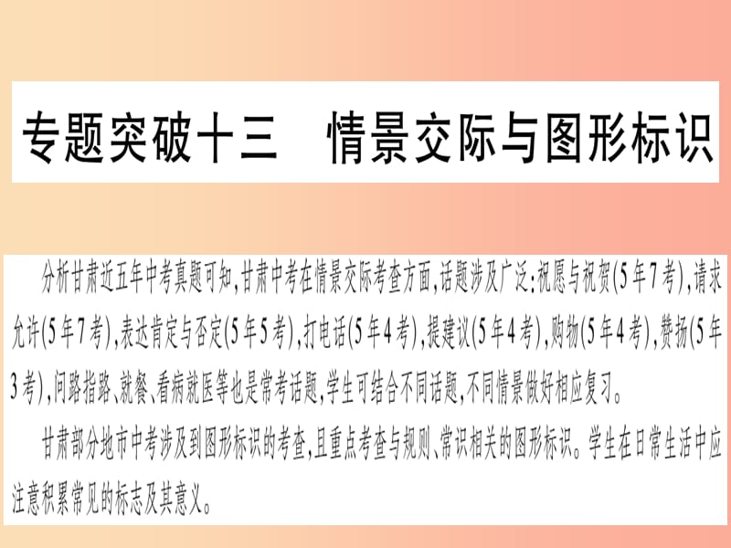 甘肃省2019中考英语 第二篇 中考专题突破 第一部分 语法专题 专题突破13 情景交际与图形标识课件 冀教版.ppt_第1页