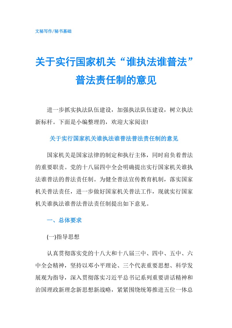 关于实行国家机关“谁执法谁普法”普法责任制的意见.doc_第1页