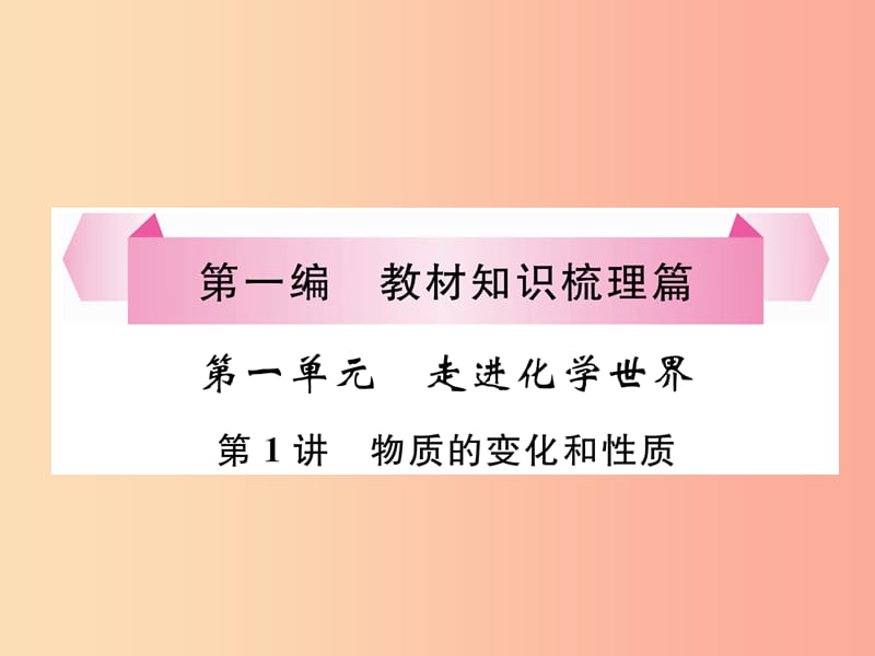 百色专版2019届中考化学复习第1编教材知识梳理篇第1单元走进化学世界第1讲物质的变化和性质精讲课件.ppt_第1页