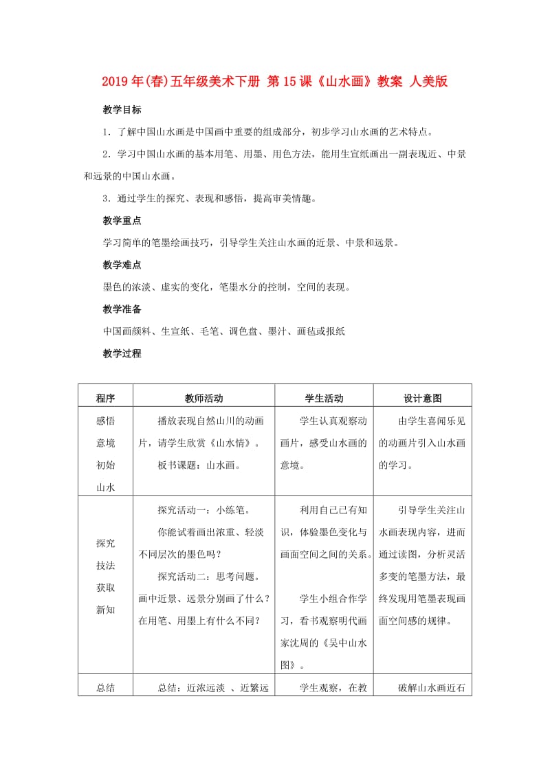 2019年(春)五年级美术下册 第15课《山水画》教案 人美版.doc_第1页