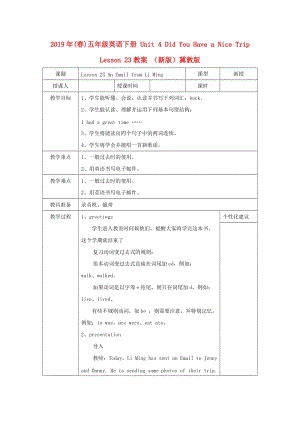 2019年(春)五年級(jí)英語下冊(cè) Unit 4 Did You Have a Nice Trip Lesson 23教案 （新版）冀教版.doc