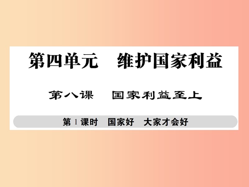 八年级道德与法治上册 第四单元 维护国家利益 第八课 国家利益至上 第1框 国家好 大家才会好 新人教版.ppt_第1页