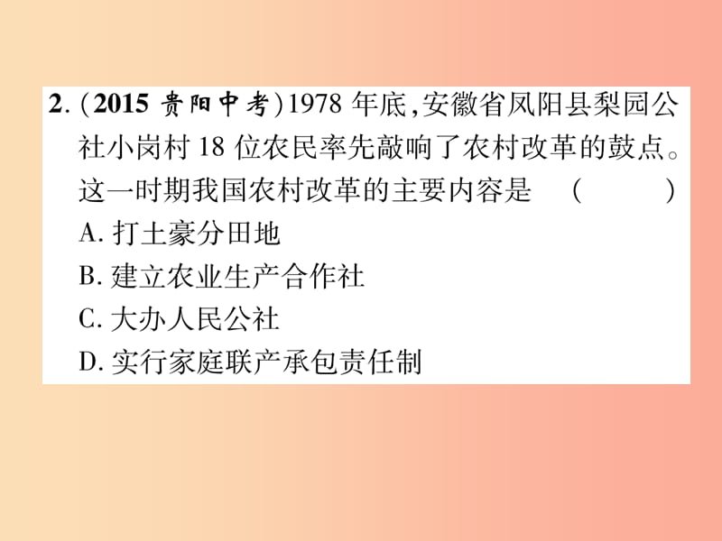 2019届中考历史总复习 第一编 教材知识速查篇 模块二 中国现代史 第11讲 中国特色社会主义道路（精练）课件.ppt_第3页